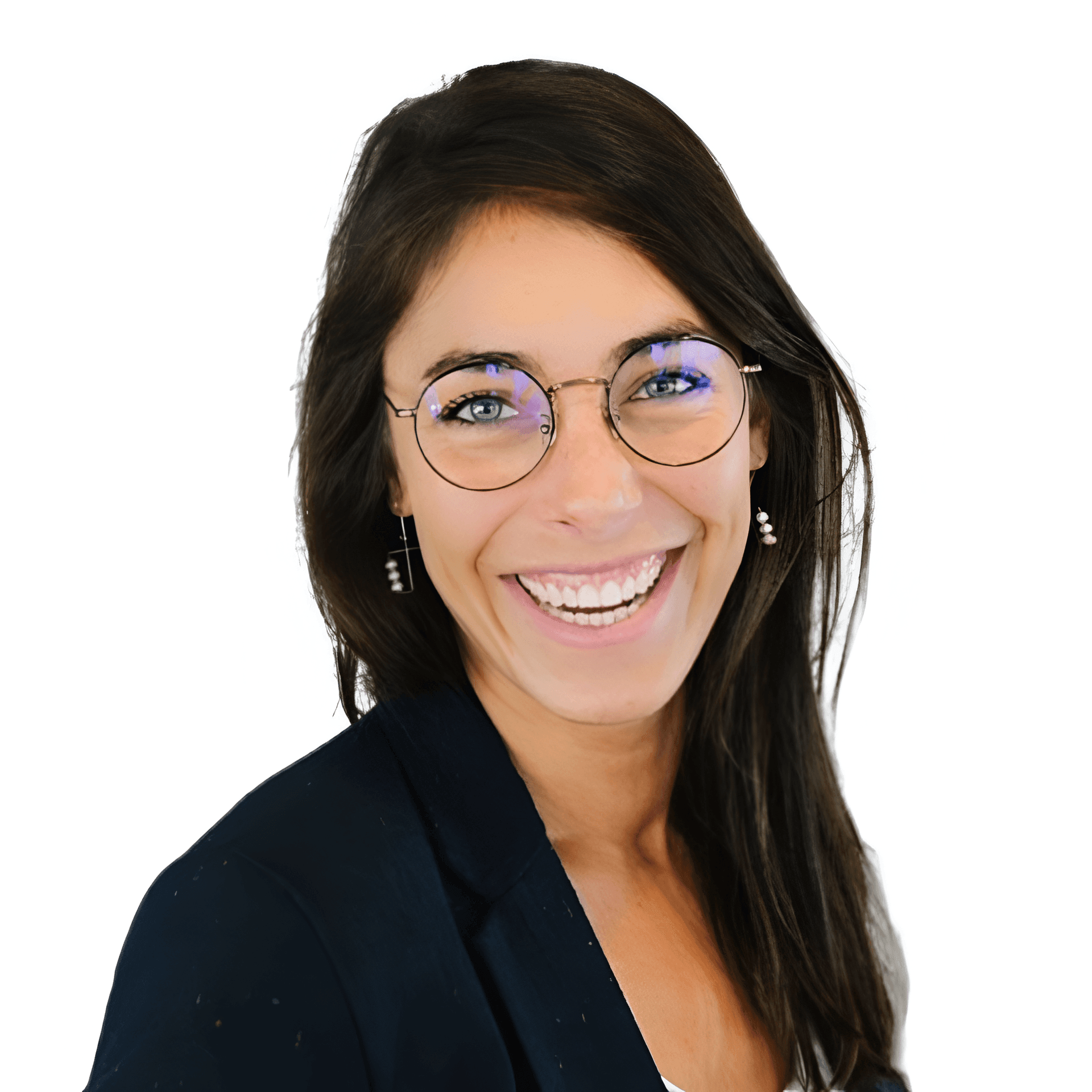 Smiling woman with glasses and long dark hair, wearing a blazer on a white background.