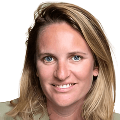 Smiling person with long blonde hair against a white background.