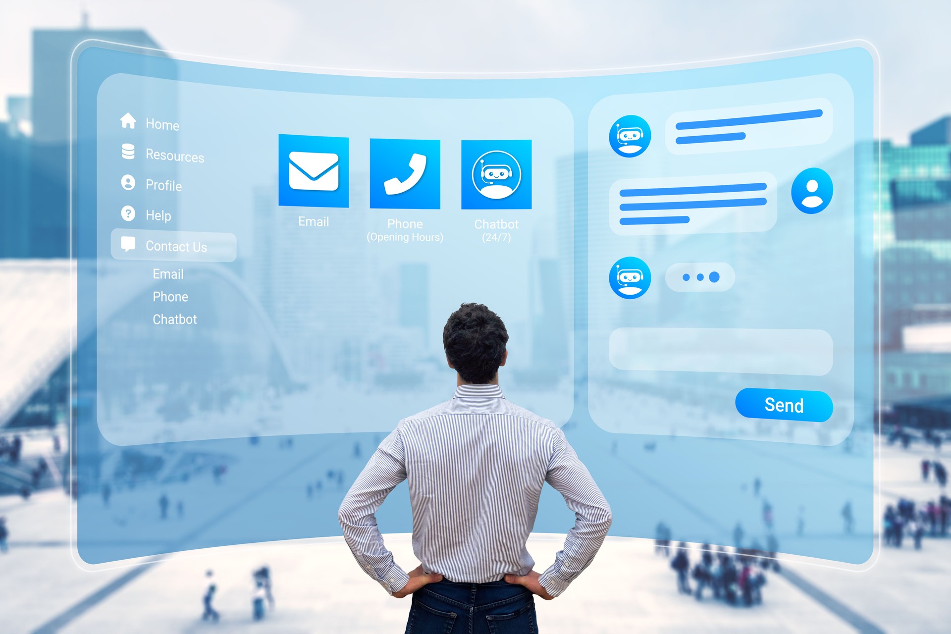 Un professionnel interagissant avec une interface numérique avancée, intégrant un chatbot, des outils CRM et des options de contact, illustrant l’utilisation de l’intelligence artificielle pour optimiser la gestion client, automatiser les tâches commerciales et améliorer les performances des équipes de vente.