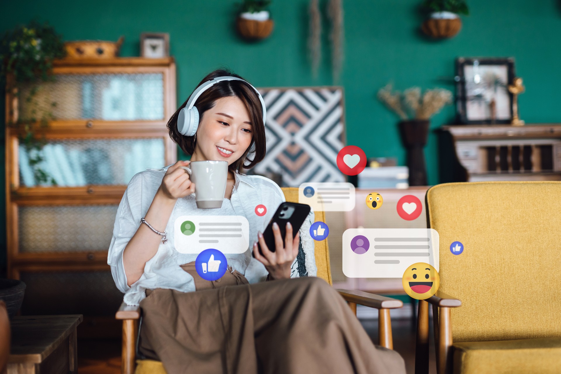 Belle jeune femme asiatique avec des écouteurs se relaxant à la maison et utilisant un smartphone, vérifiant les médias sociaux sur le téléphone portable, reçoit des notifications, des likes, des vues et des commentaires. Mode de vie des jeunes, mé